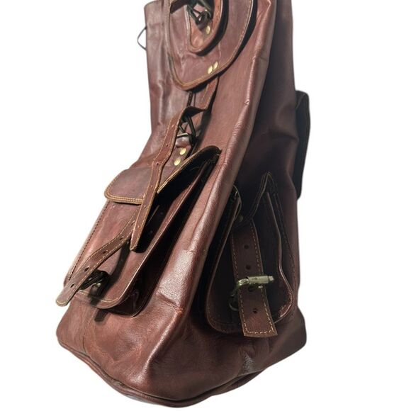 Handmade Vintage Genuine Leather Backpack Brown Tassel Drawstring Buckle 90s USA main image 5